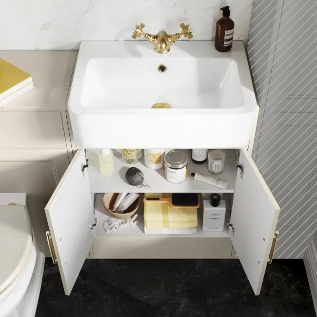 Monaco Chalk White Combination Vanity Basin and Hudson Toilet with Wooden Seat 1200mm - Brass Knurled Handles