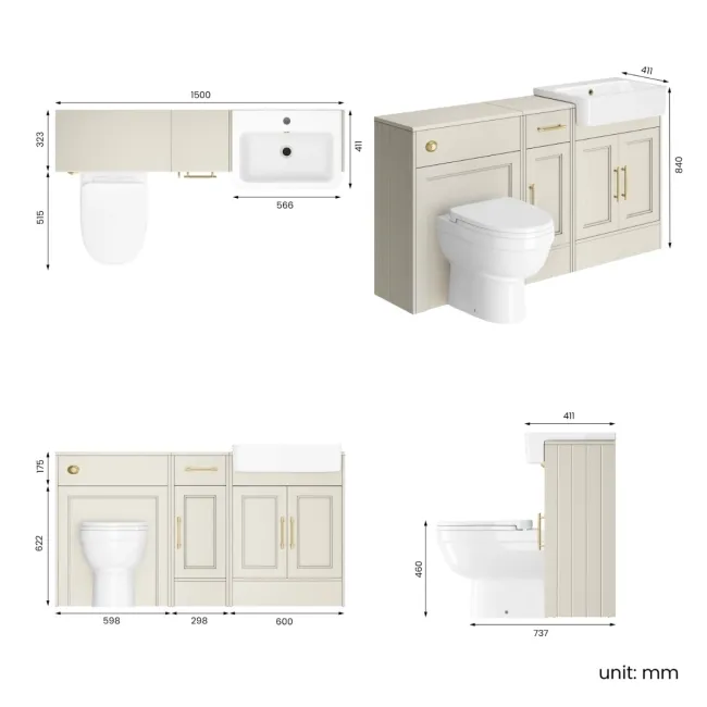 Monaco Chalk White Combination Vanity Basin and Seattle Toilet 1500mm - Brass Knurled Handles