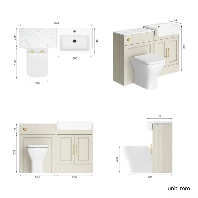 Monaco Chalk White Combination Vanity Basin with Marble Top & Atlanta Toilet 1200mm - Brass Knurled Handles