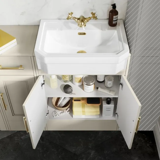 Monaco Chalk White Combination Vanity Traditional Basin and Boston Toilet 1500mm - Brass Knurled Handles