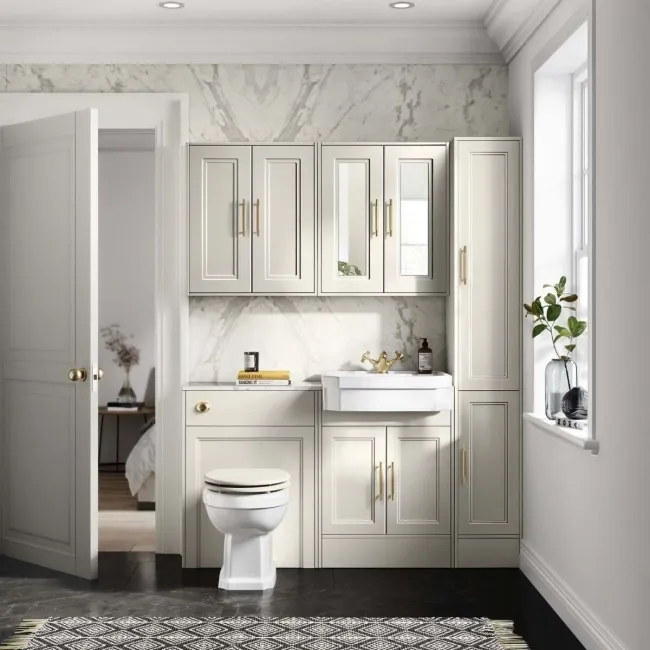 Monaco Chalk White Combination Vanity Traditional Basin with Marble Top & Hudson Toilet with Wooden Seat 1200mm - Brass Knurled Handles