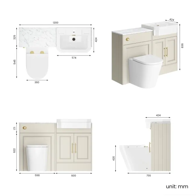 Monaco Chalk White Combination Vanity Traditional Basin with Marble Top & Boston Toilet 1200mm - Brass Knurled Handles