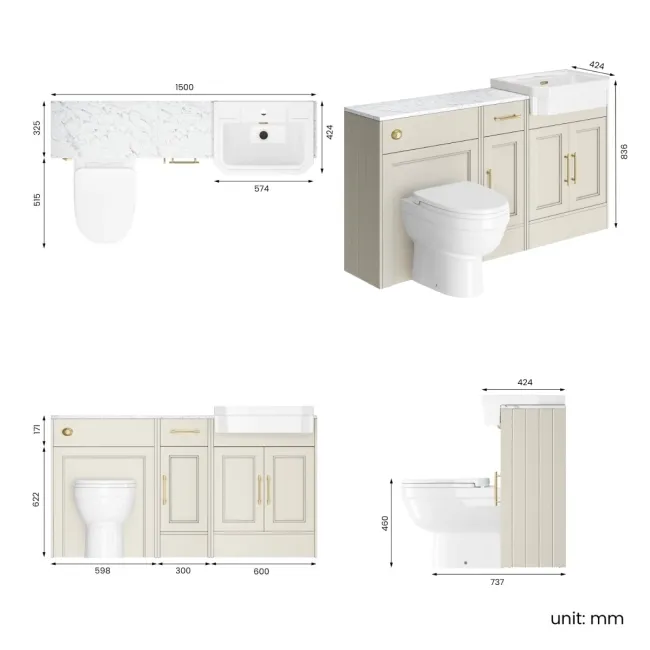 Monaco Chalk White Combination Vanity Traditional Basin with Marble Top and Seattle Toilet 1500mm - Brass Knurled Handles