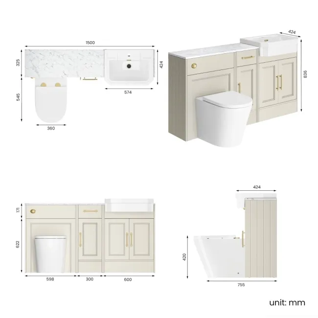 Monaco Chalk White Combination Vanity Traditional Basin with Marble Top and Boston Toilet 1500mm - Brass Knurled Handles