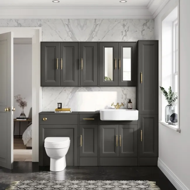 Monaco Graphite Grey Combination Vanity Basin and Seattle Toilet 1500mm - Brass Knurled Handles