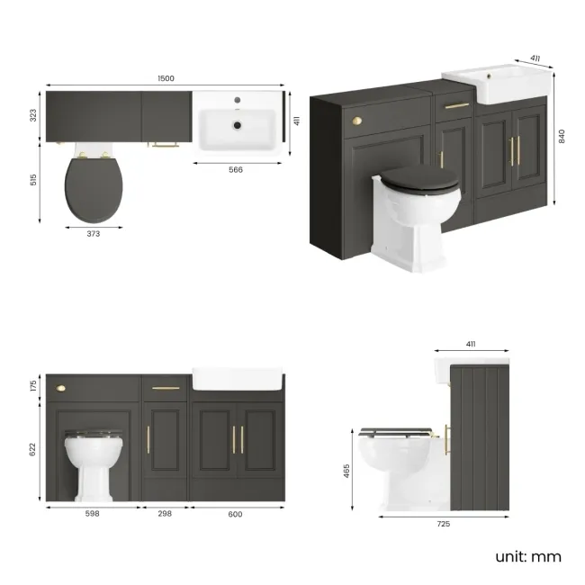 Monaco Graphite Grey Combination Vanity Basin and Hudson Toilet with Wooden Seat 1500mm - Brass Knurled Handles