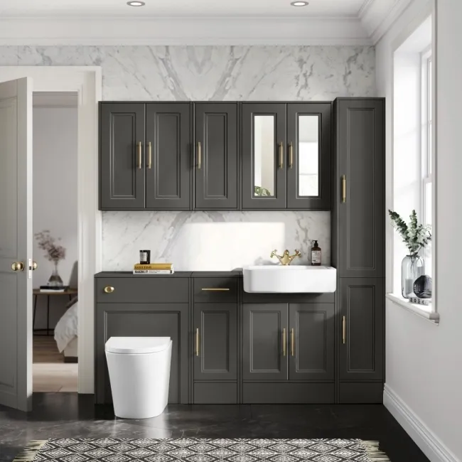Monaco Graphite Grey Combination Vanity Basin and Boston Toilet 1500mm - Brass Knurled Handles
