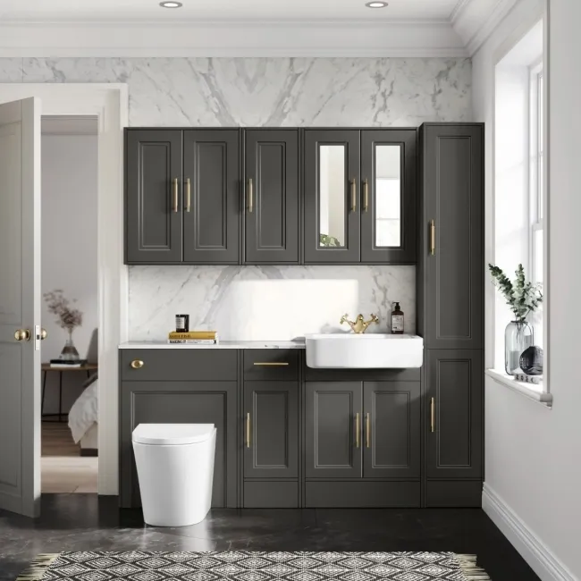 Monaco Graphite Grey Combination Vanity Basin with Marble Top and Boston Toilet 1500mm - Brass Knurled Handles