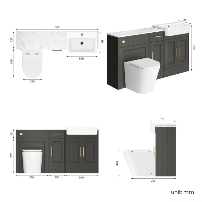 Monaco Graphite Grey Combination Vanity Basin with Marble Top and Boston Toilet 1500mm - Brass Knurled Handles