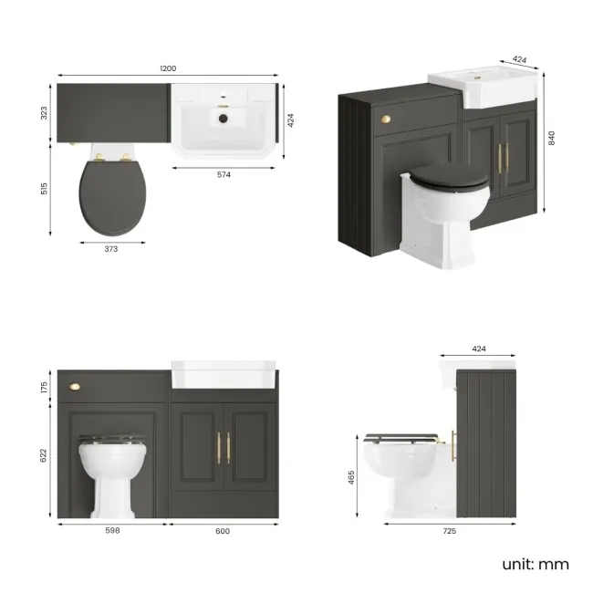 Monaco Graphite Grey Combination Vanity Traditional Basin and Hudson Toilet with Wooden Seat 1200mm - Brass Knurled Handles