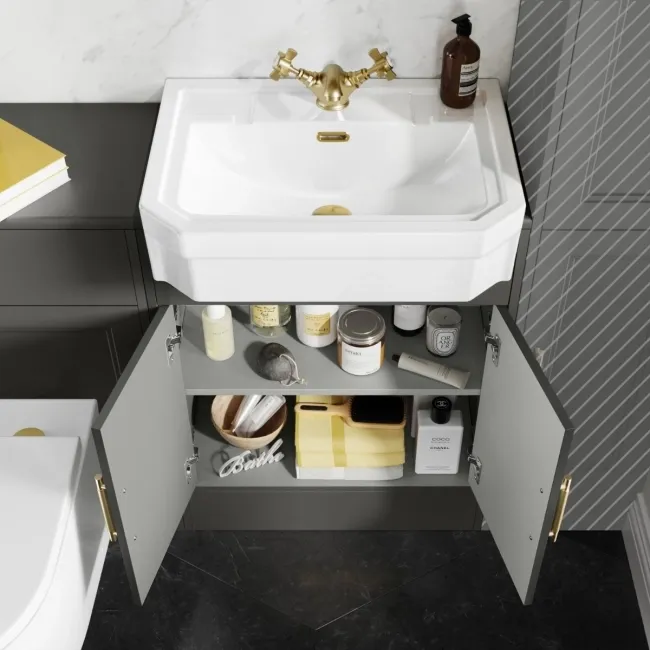 Monaco Graphite Grey Combination Vanity Traditional Basin and Boston Toilet 1200mm - Brass Knurled Handles