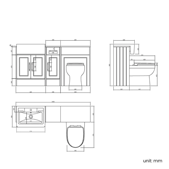 Monaco Graphite Grey Combination Vanity Traditional Basin and Seattle Toilet 1500mm - Brass Knurled Handles