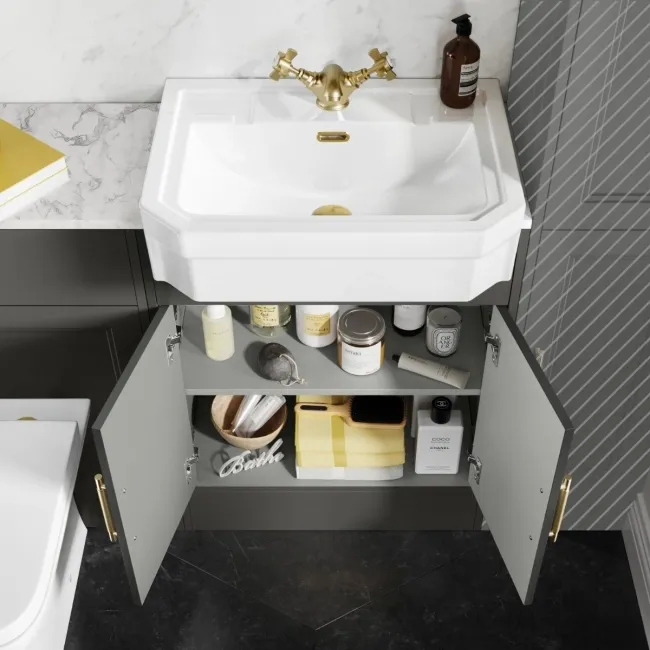 Monaco Graphite Grey Combination Vanity Traditional Basin with Marble Top & Atlanta Toilet 1200mm - Brass Knurled Handles