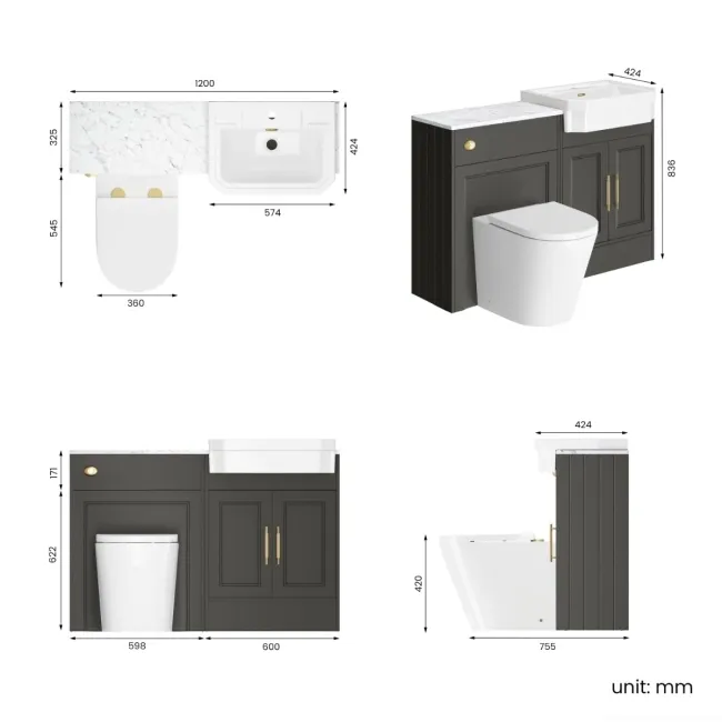 Monaco Graphite Grey Combination Vanity Traditional Basin with Marble Top & Boston Toilet 1200mm - Brass Knurled Handles