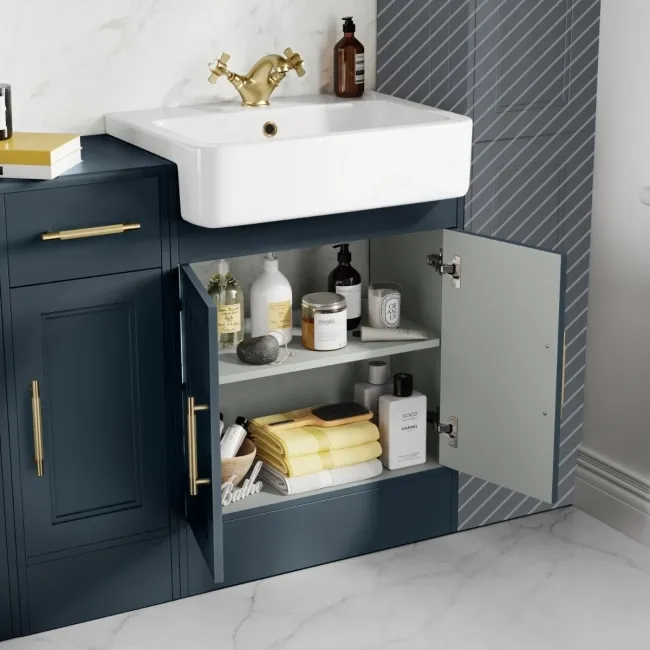 Monaco Inky Blue Combination Vanity Basin and Hudson Toilet with Wooden Seat 1500mm - Brass Knurled Handles