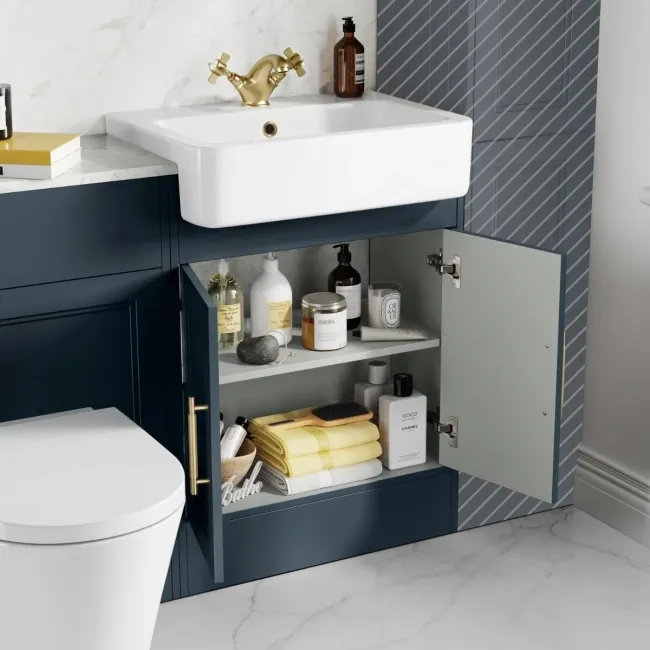 Monaco Inky Blue Combination Vanity Basin with Marble Top & Boston Toilet 1200mm - Brass Knurled Handles