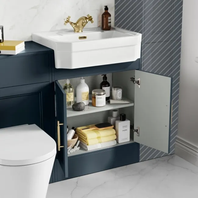 Monaco Inky Blue Combination Vanity Traditional Basin and Boston Toilet 1200mm - Brass Knurled Handles