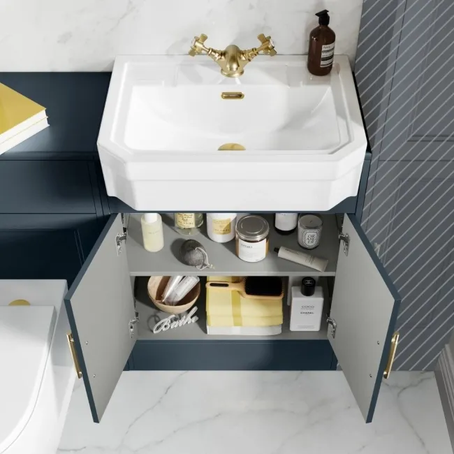Monaco Inky Blue Combination Vanity Traditional Basin and Boston Toilet 1200mm - Brass Knurled Handles