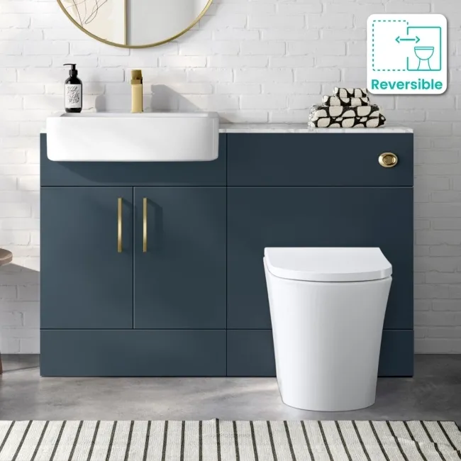 Harper Navy Blue Combination Vanity Basin with Marble Top & Tucson Toilet 1200mm - Brushed Brass Accents