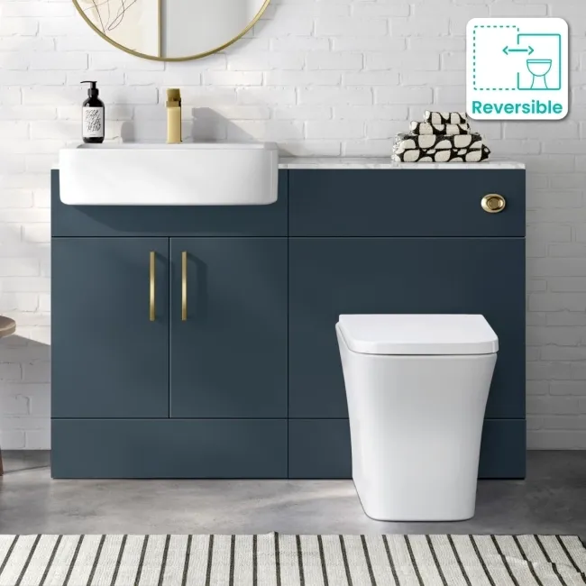 Harper Navy Blue Combination Vanity Basin with Marble Top & Houston Toilet 1200mm - Brushed Brass Accents