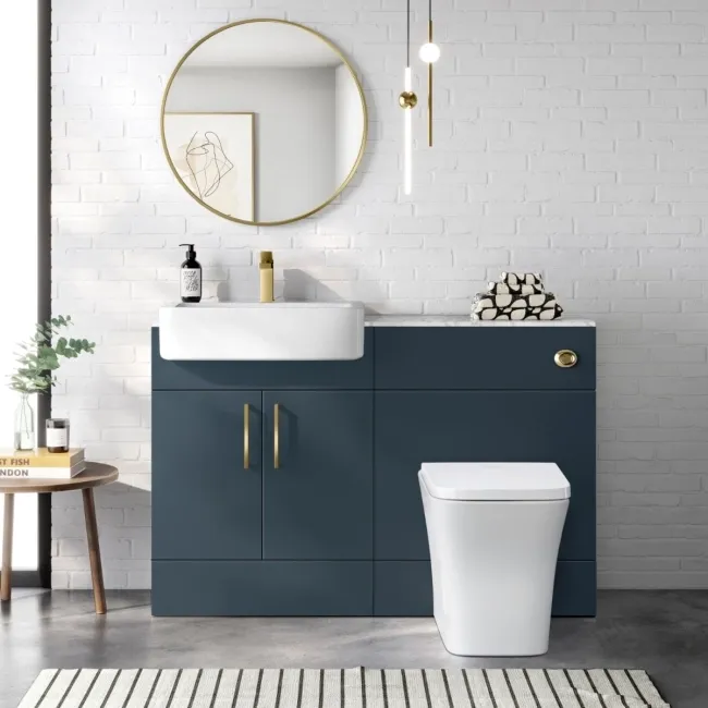 Harper Navy Blue Combination Vanity Basin with Marble Top & Houston Toilet 1200mm - Brushed Brass Accents
