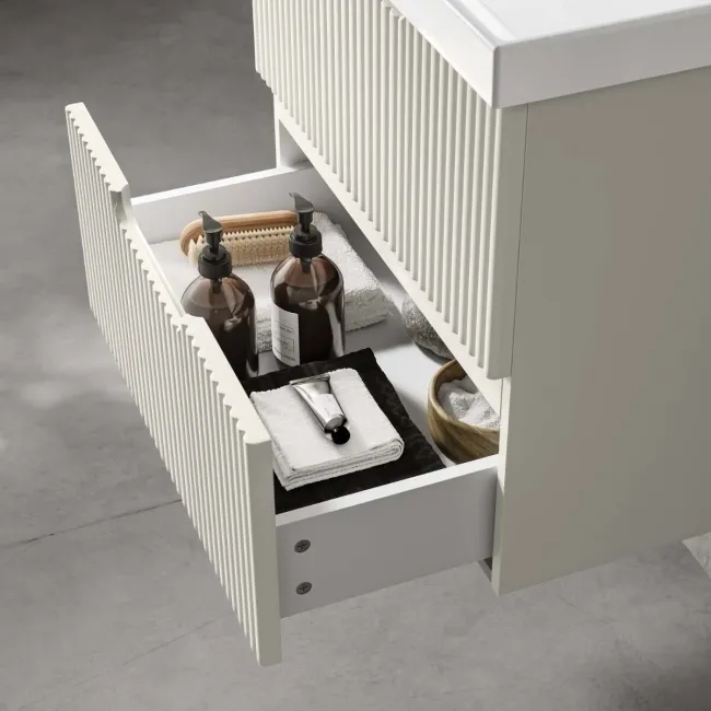 Crete Fluted Linen White Wall Hung Basin Drawer Vanity 600mm