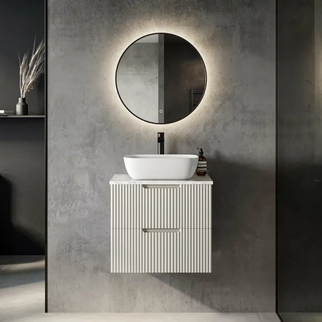 Crete Fluted Linen White Wall Hung Drawer Vanity with Marble Top & Curved Basin 600mm