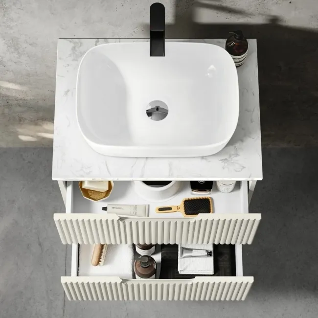 Crete Fluted Linen White Wall Hung Drawer Vanity with Marble Top & Curved Basin 600mm