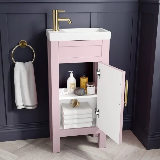 Bermuda Cashmere Pink Cloakroom Basin Vanity 400mm - Brass Knurled Handles