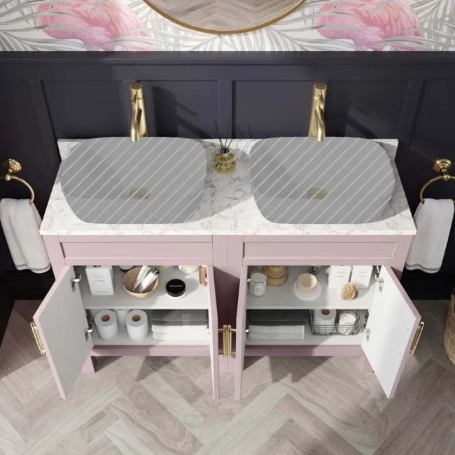 Bermuda Cashmere Pink Cabinet with Marble Top 1200mm (Excludes Counter Top Basin) - Brass Knurled Handles