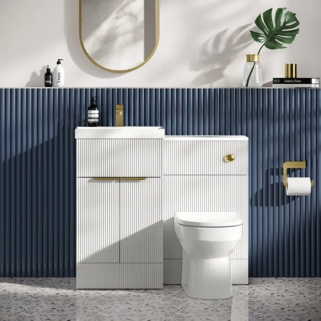 Havana Fluted Coastal White Combination Vanity Basin and Miami Toilet 1000mm - Brushed Brass Accents