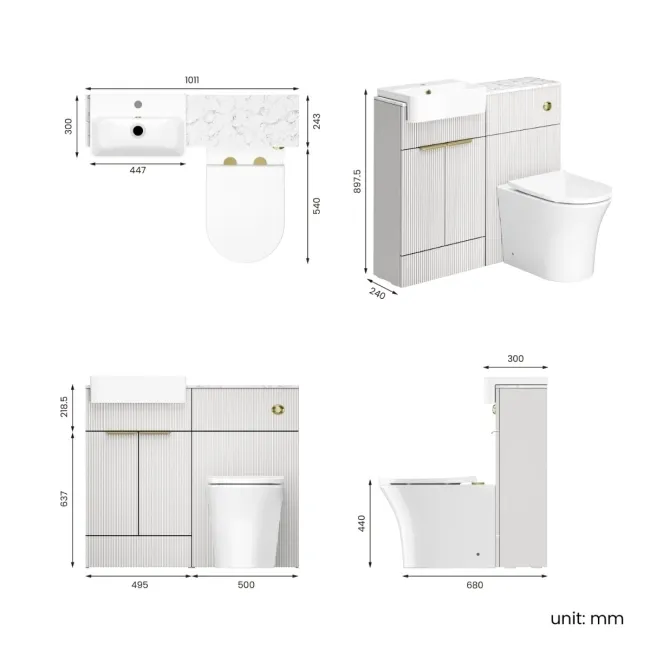 Sicily Fluted Coastal White Combination Vanity Basin with Marble Top & Tucson Toilet 1000mm - Brushed Brass Accents