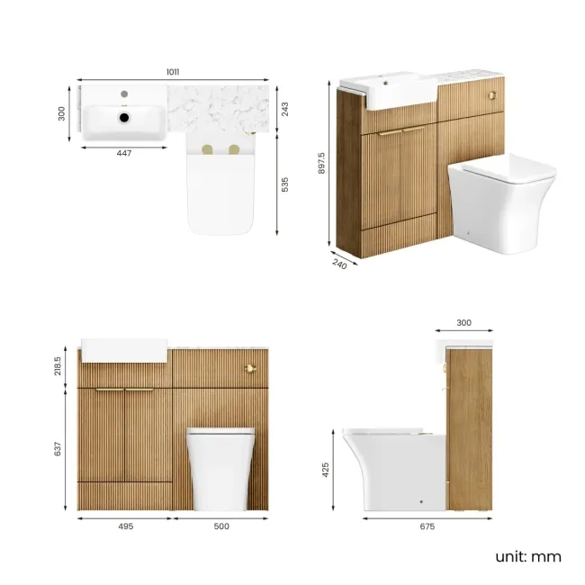 Sicily Fluted Country Oak Combination Vanity Basin with Marble Top & Houston Toilet 1000mm - Brushed Brass Accents
