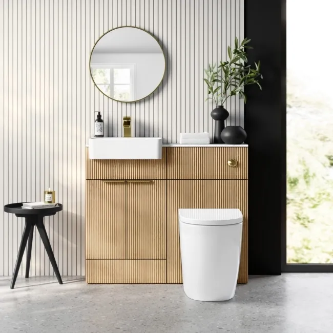 Sicily Fluted Country Oak Combination Vanity Basin with Marble Top & Utah Comfort Height Toilet 1000mm - Brushed Brass Accents