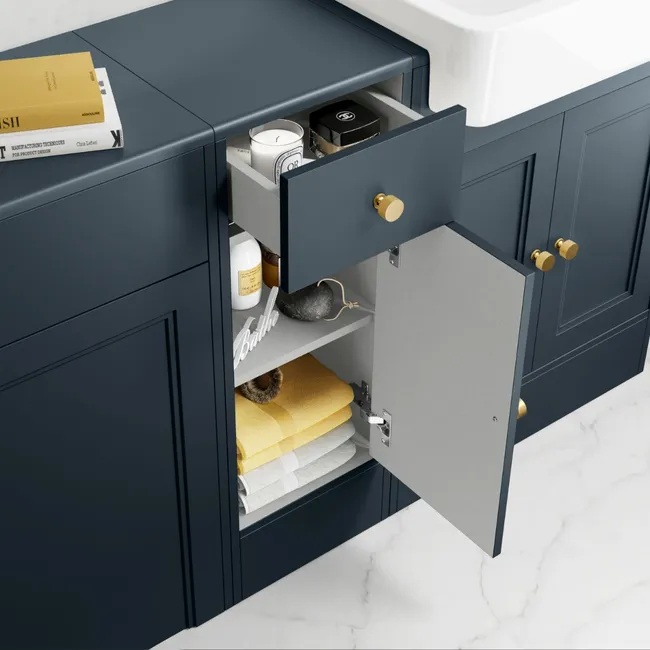 Monaco Inky Blue Combination Vanity Basin and Hudson Toilet with Wooden Seat 1500mm - Brushed Brass Accents