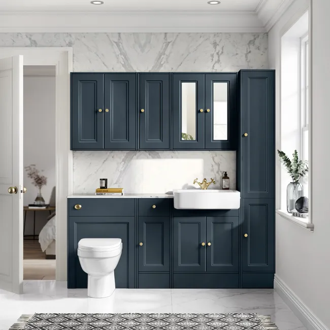 Monaco Inky Blue Combination Vanity Basin with Marble Top and Seattle Toilet 1500mm - Brushed Brass Accents
