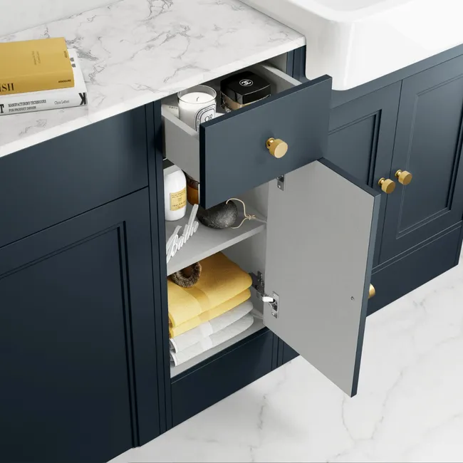 Monaco Inky Blue Combination Vanity Basin with Marble Top and Seattle Toilet 1500mm - Brushed Brass Accents