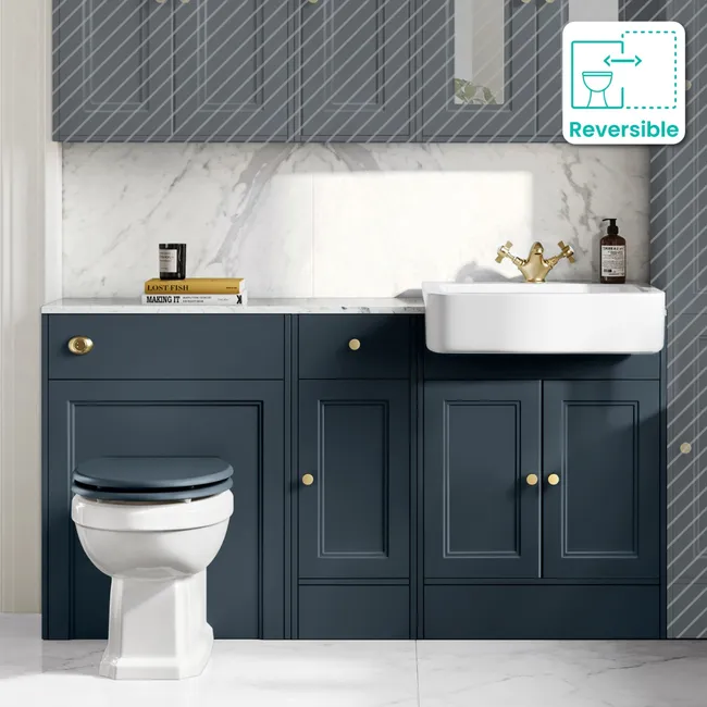 Monaco Inky Blue Combination Vanity Basin with Marble Top and Hudson Toilet with Wooden Seat 1500mm - Brushed Brass Accents