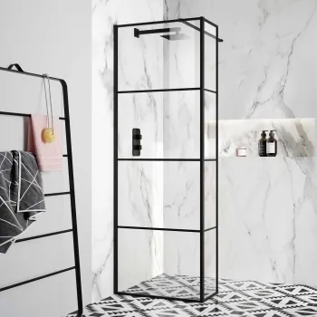 Munich Matt Black Grid 8mm Wet Room Shower Glass 700mm & 250mm Return Panel