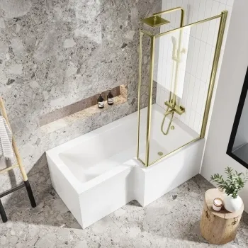 L Shaped 1600 Shower Bath & 6mm Easy Clean Brushed Brass Bath Screen - Right Handed