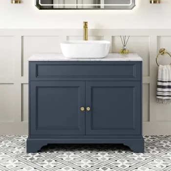 Lucia Inky Blue Vanity with Marble Top & Curved Counter Top Basin 1030mm - Brushed Brass Accents