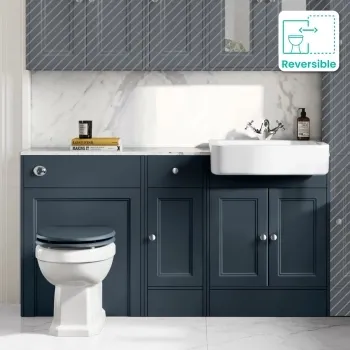 Monaco Inky Blue Combination Vanity Basin with Marble Top and Hudson Toilet with Wooden Seat 1500mm