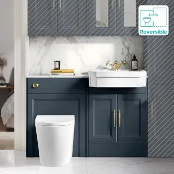 Monaco Inky Blue Combination Vanity Traditional Basin with Marble Top & Boston Toilet 1200mm - Brass Knurled Handles