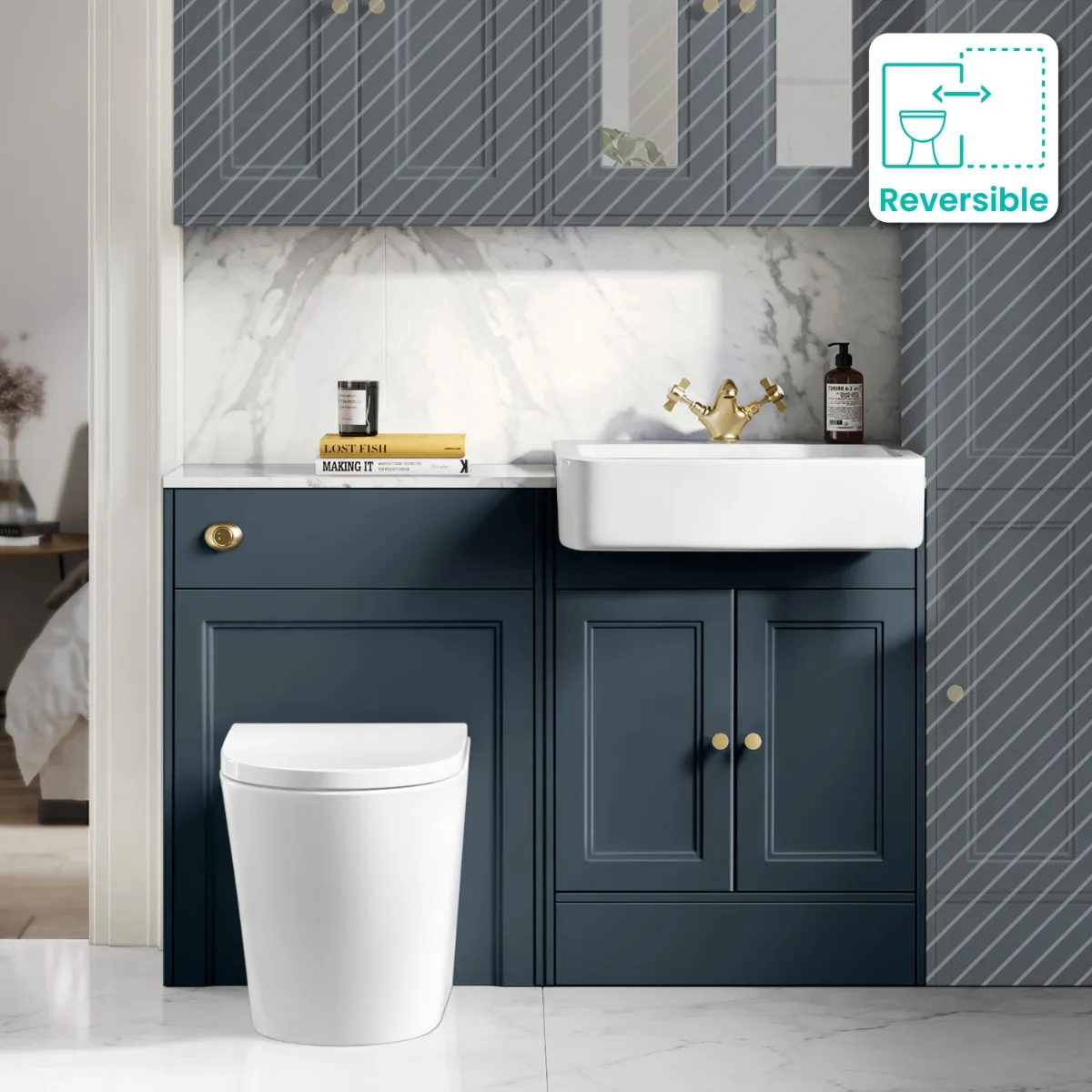 Monaco Inky Blue Combination Vanity Basin with Marble Top & Boston Toilet 1200mm - Brushed Brass Accents