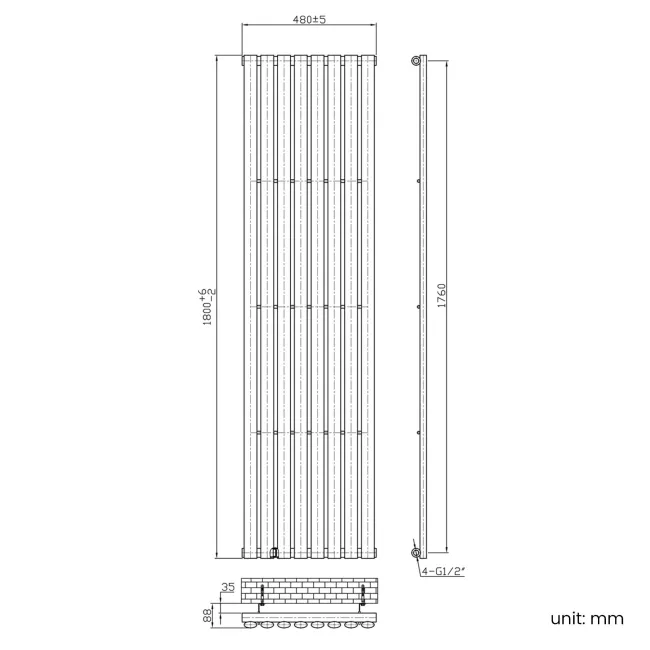 Marbella Matt Black Single Oval Panel Radiator 1800x480mm