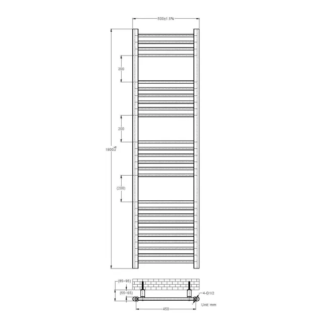 Barcelona Matt Black Straight Heated Towel Rail 1800x500mm