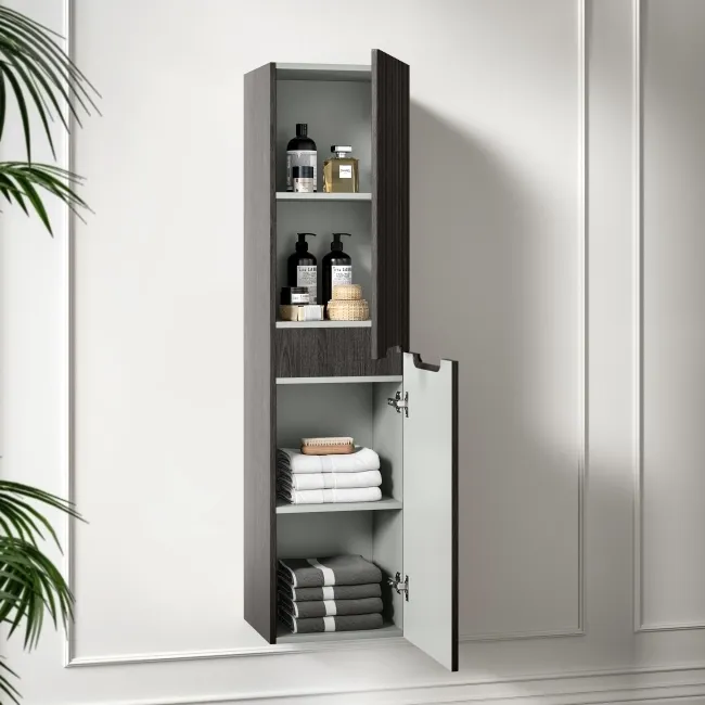 Crete Fluted Charcoal Elm Wall Hung Tall Cabinet 1400x350mm