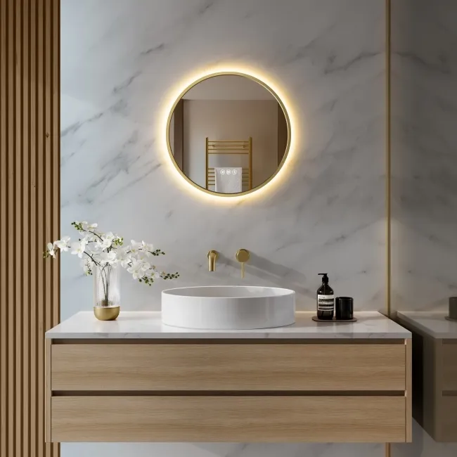 Delilah Brushed Brass Round Backlit LED Mirror With BLUETOOTH Speaker 500mm