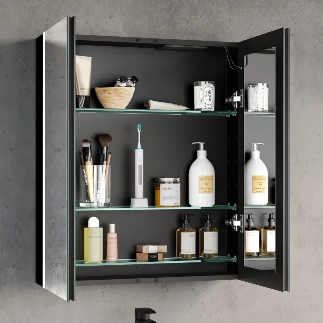 Selma Battery Operated Matt Black Illuminated LED Mirror Cabinet 700x600mm