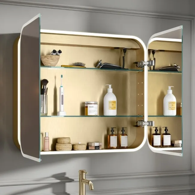 Willow Brushed Brass Illuminated LED Mirror Cabinet With BLUETOOTH Speaker & USB Port 700x800mm